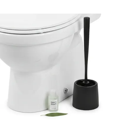 szczotka toaletowa czarna, szczotka WC stojąca, zestaw WC z pojemnikiem, szczotka do toalety nowoczesna, akcesoria łazienkowe czarne, szczotka do WC